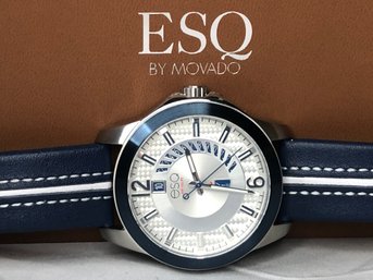 (#1) - Brand New ESQ BY MOVADO Watch - Silver Case / Blue / Gray Leather Strap - Box  Card  Tag ! NEW !