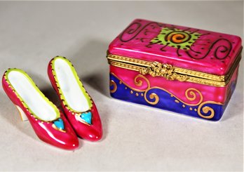 Limoges Hand Painted Porcelain Patch Box Shoe Box Having Porcelain Shoes