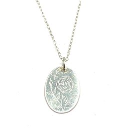 Vintage Sterling Silver Etched Rose Oval Pendant