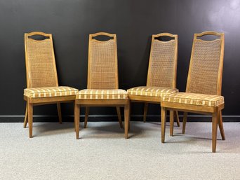 A Beautiful Set Of Four Mid-Century Dining Chairs By Drexel, Caned Backs