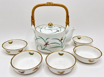 Arita Ware Teapot With Bamboo Handle & Set 5 Koransha Arita Ware Small Dishes With Butterflies, Japan