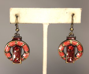 VINTAGE GOLD TONE ENAMEL AND RED RHINESTONE PIERCED EARRINGS 1980S