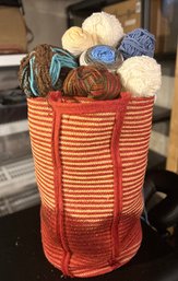 Eyecatching Woven Basket With Spools Of Yarn / Wool And Unfinished Blanket