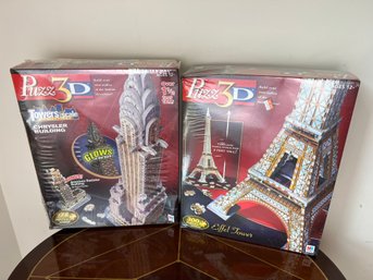 Two 3-D Puzzle Kits Eiffel Tower & Chrysler Building - New In Box