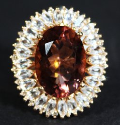 In Very Good Condition, Super Fine Gold Over Sterling Silver Dinner Ring Citrine White Sapphires Size 7