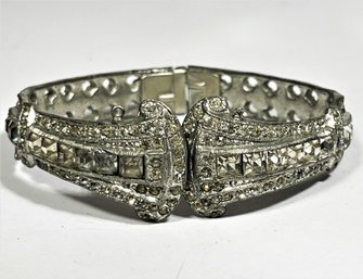 Antique Base Metal White Paste Rhinestone Hinged Cuff Bracelet (wear From Age)