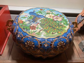 Substantial Antique Chinese Gilt Cloisonne Covered Box- Peacocks And Chrysanthemums