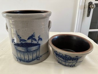 Salmon Falls Stoneware Blueberry Crock 1992 And Matching Bowl