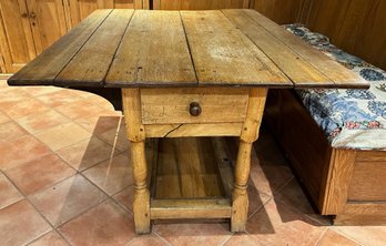 Vintage Rustic Farm Table With Drop Leaves & Drawer