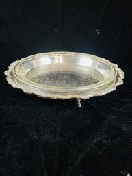 Silver Plate Crescent Footed Ornate Serving Round Dish Plate With Glass Insert