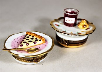 Pair Limoges Hand Painted Patch Boxes Pie And Jam (both Having Chipped Rims)