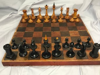 Very Nice Vintage Russian Chess Set - All Hand Carved Pieces - Marked / Dated 1953 - In Folding Board Case