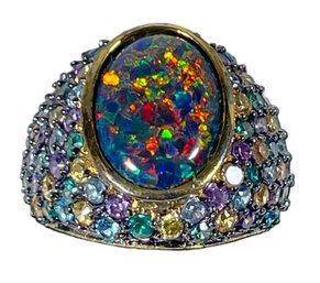 Contemporary Gold Tone Ring Having Opal And Gemstones