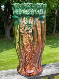 1901 Roseville  Majolica Blended Art Pottery Green Iris Umbrella Stand 20' X 9.75' ( READ DESCRIPTION)