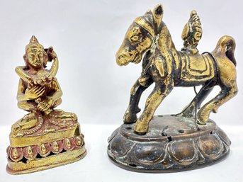 2 Small Vintage Bronze Figurines: Indian Erotica Hevajra With His Consort & Horse