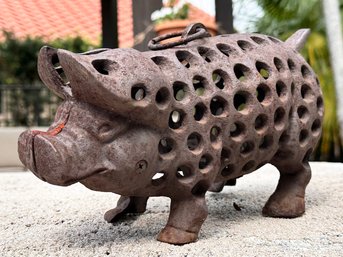 A Decorative Cast Iron Pig - Candle Holder And Porcine Outdoor Decor!