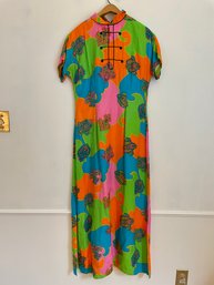 1970s Long Colorful Geometric & Paisley Pattern Dress