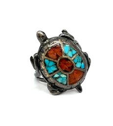 Amazing Vintage Native American Sterling Silver Turquoise And Coral Color Inlay Turtle Ring, Size 6.5
