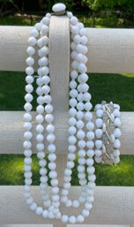 Vintage White Glass Bead Opera Length Necklace With Bracelet