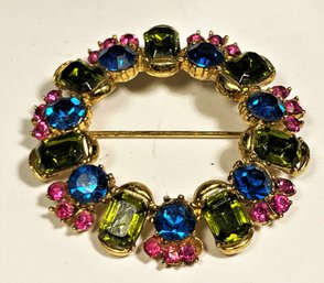 Gold Tone Multi Colored Rhinestone Wreath Formed Brooch