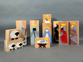 A Vintage, Handcrafted Nativity Set In Wood Blocks & Felt