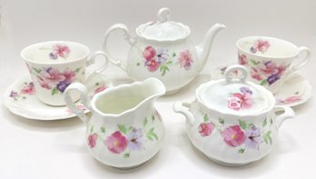 Vintage Noritake Bone China Tea Set 9849 'Pink Flowers', 2 Cups/saucers, Teapot, Sugar Bowl & Creamer, Japan