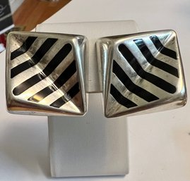 CHUNKY STERLING SILVER BLACK ENAMEL MEXICAN CLIP-ON EARRINGS