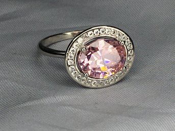 Fabulous Brand New 925 / Sterling Silver Ring With Pink Tourmaline Encircled With White Topaz - Very Nice !