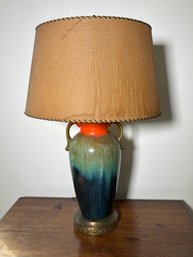 Vintage Blue/green Ceramic Table Lamp On Brass Base With Laced Lamp Shade
