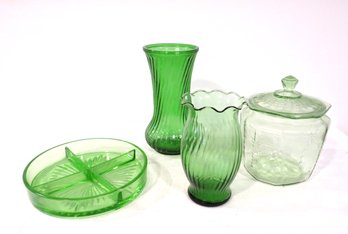 Collection Of Green Glass Vases And Depression Biscuit Jar