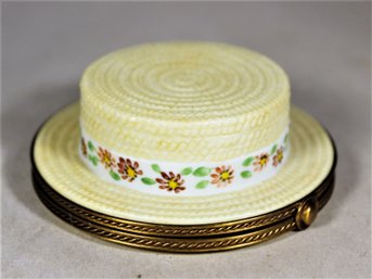 Fine Hand Painted Limoges Porcelain Patch Box In The Form Of A Straw Hat