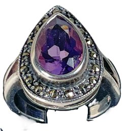 Sterling Silver Large Amethyst W Marcesite Stones Ladies Ring About Size 7