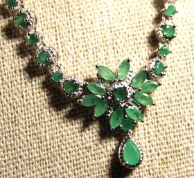 Fine Sterling Silver Fancy Necklace Having Genuine Emerald Stones