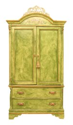 Lexington Green Arched Armoire With  Hand-painted Roses, Fret Crown, And Floral Handles