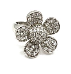 Beautiful Sterling Silver Clear Stones Large Flower Ring, Size 7.75