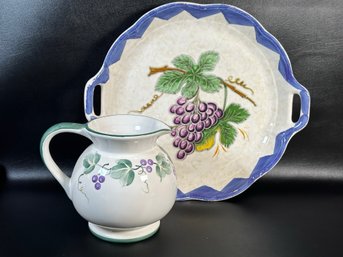 A Large Ceramic Tray With A Grapevine Motif, Made In Italy, With Compatible Pitcher