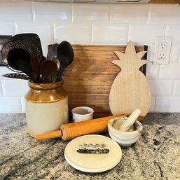 An Assortment Of Kitchen Tools - Crock - Trivet - Mortar & Pestal - Vintage Wood Rolling Pin & Cutting Boards