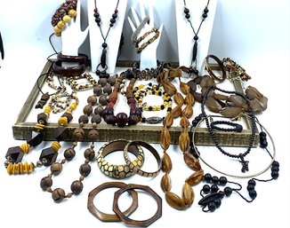 Large Grouping Of Wood & Earthtone Jewelry - 30 Pieces