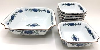 New Japanese Blue & White Serving Bowl With 5 Matching Dishes, Never Used