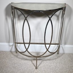 Very Nice Demilune Console Table - Distressed Mirror Top - Nickle Chrome Base - Very Nice Decorator Piece