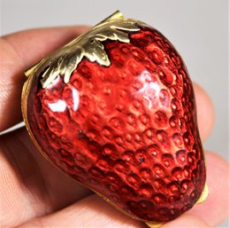 Gilt Metal Red Enamel Vintage Hinged Strawberry Patch Or Pill Box