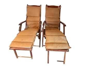 Pair Of 1930s Wood Lounge Deck Chairs With Original Canvas Cushions