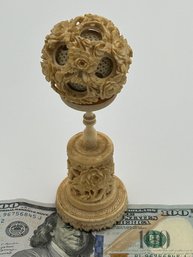 Antique Chinese Carved Puzzle Ball- 5 Layers Deep With Original Fitted Stand