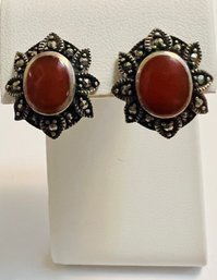 VINTAGE STERLING SILVER MARCASITE CARNELIN EARRINGS