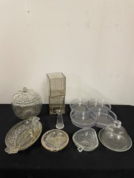 Lot Of Clear Glass.  Also, The One Plastic Segmented Appetizer Tray. - -- - - - - - - - - - -- - Loc G Shelf
