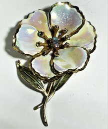 Vintage 1960s Gilt Metal Enamel Large Flower Brooch