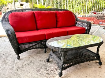 A Fine Quality Outdoor Resin Sofa And Glass Top Coffee Table - Lovely Red Cushions