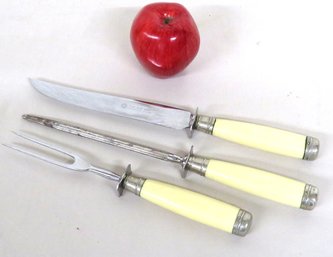 Vintage Mid-Century Ward's Keen Edge 3pc Carving Set Ivory Color Handles