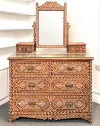 An Exquisite Vintage Moroccan Mother Of Pearl Inlay Mirrored Vanity With Custom Glass Top