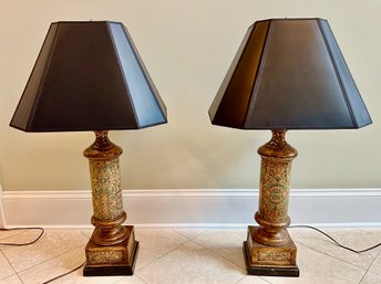 (2) Vintage 1950's Decorative Table Lamps With Garden Floral Motif And Black Shades